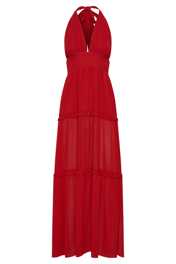 Marvelle Satin Halter Maxi Dress - Vermilion Red