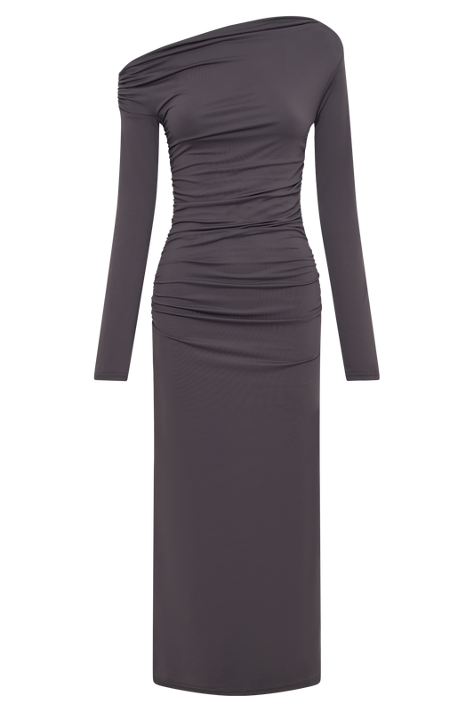 Christabel Recycled Nylon Ruched Midi Dress - Charcoal