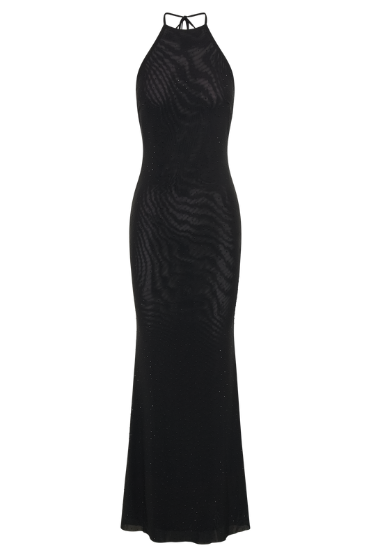 Kali Hot Fix Mesh Halter Maxi Dress - Black