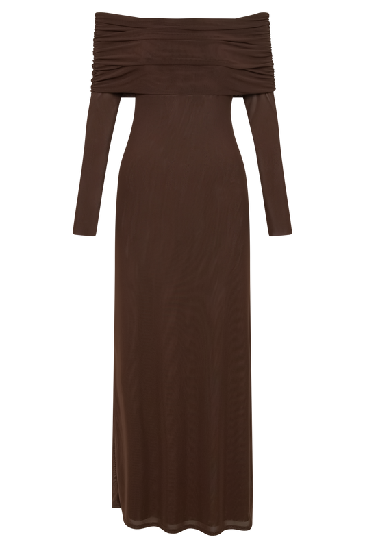 Josie Off Shoulder Mesh Maxi Dress - Dark Brown