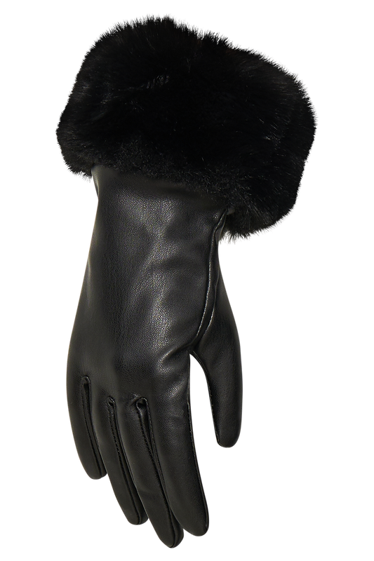 Jessabel Faux Leather Fur Trim Gloves - Black