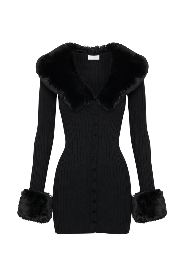 Aurora Fur Trim Knit Mini Dress - Black - MESHKI U.S