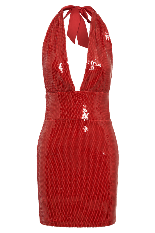 Carleigh Sequin Halter Mini Dress - Red