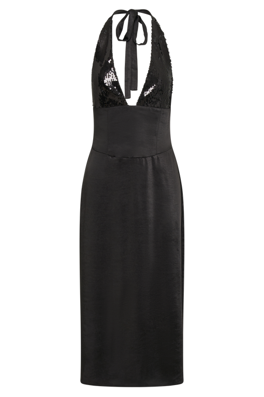 Ebony Satin Midi Dress With Sequins - Black