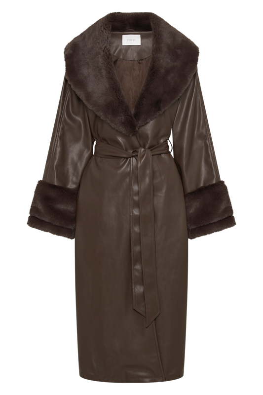 Rebekah Oversized Pu Trench Coat With Fur Trim - Dark Brown