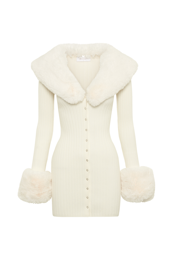 Aurora Fur Trim Knit Mini Dress - Ivory - MESHKI U.S