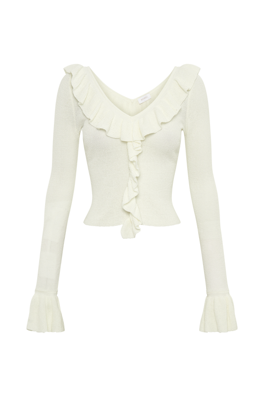 Aster Knit Top With Frill - White