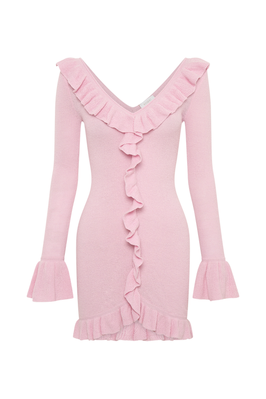 Karolina Knit Mini Dress With Frill - Blush Pink