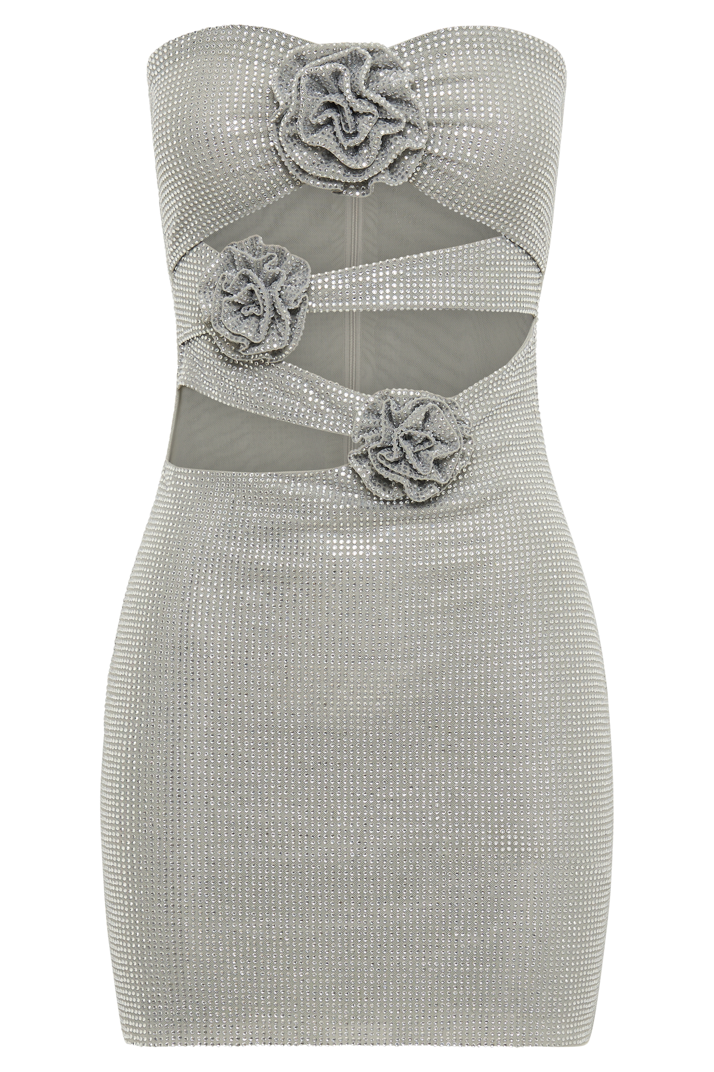 Korinna Strapless Rose Diamante Mini Dress - Silver