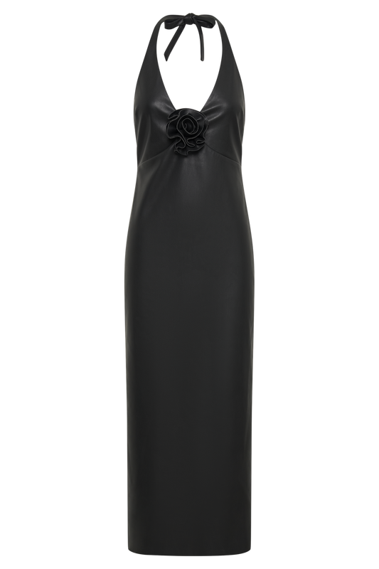 Dori Faux Leather Rose Midi Dress - Black