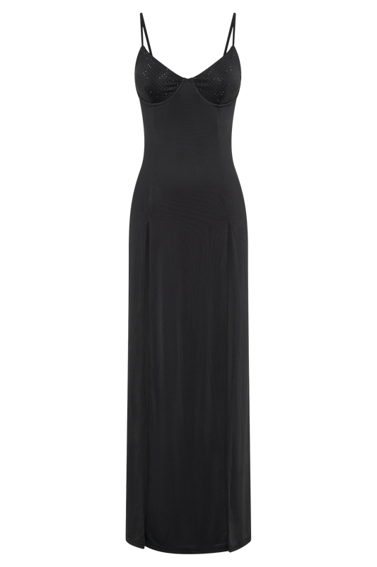 Jojo Jersey Split Maxi Dress With Diamante - Black