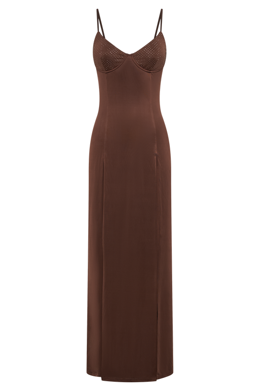 Jojo Jersey Split Maxi Dress With Diamante - Chocolate