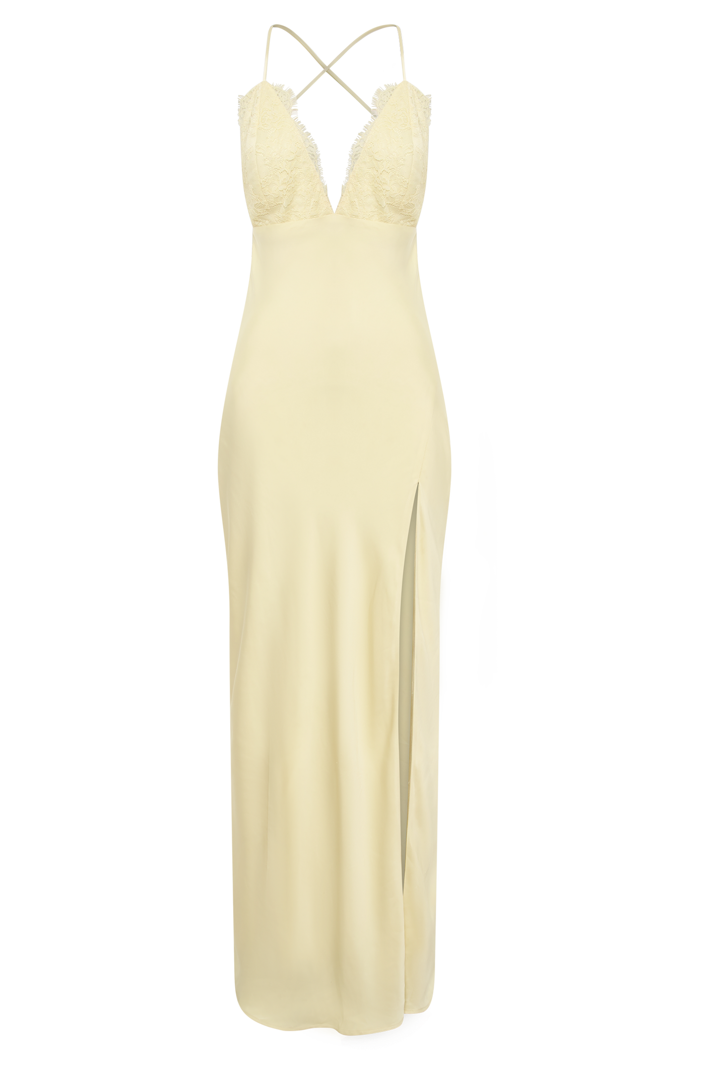 Gina Satin Slip Maxi Dress With Lace - Lemon