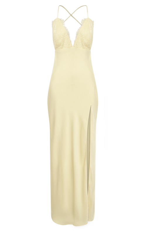 Gina Satin Slip Maxi Dress With Lace - Lemon