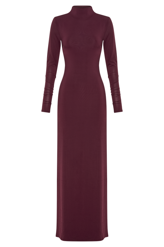 Elani Slinky High Neck Maxi Dress - Burgundy