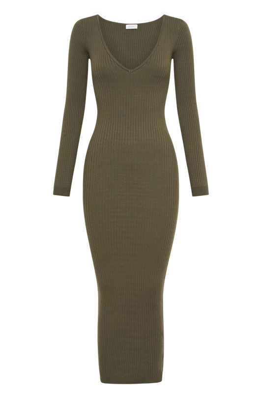 Nina Long Sleeve Knit Midi Dress - Olive