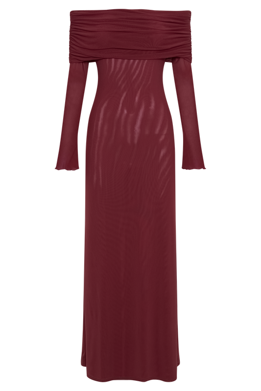 Josie Off Shoulder Mesh Maxi Dress - Wine