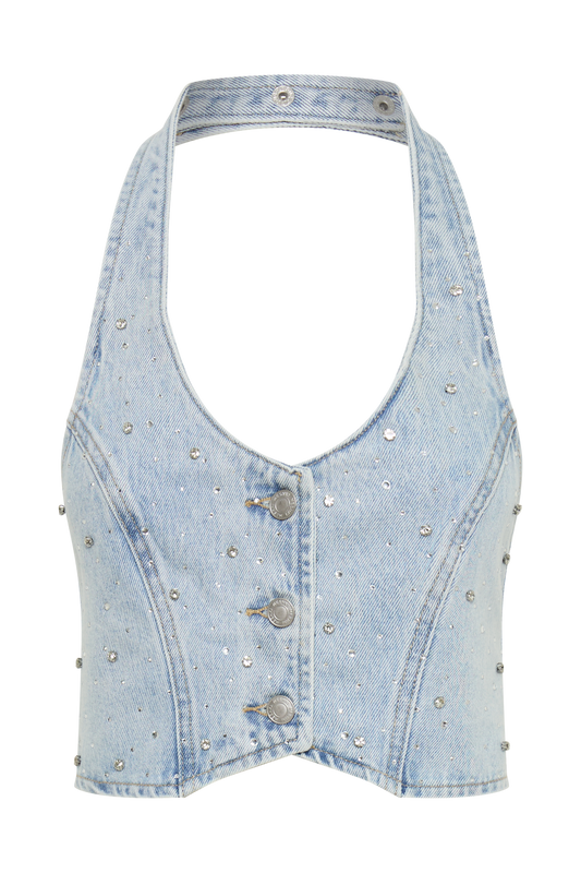 Kieryn Embellished Denim Vest - Light Blue