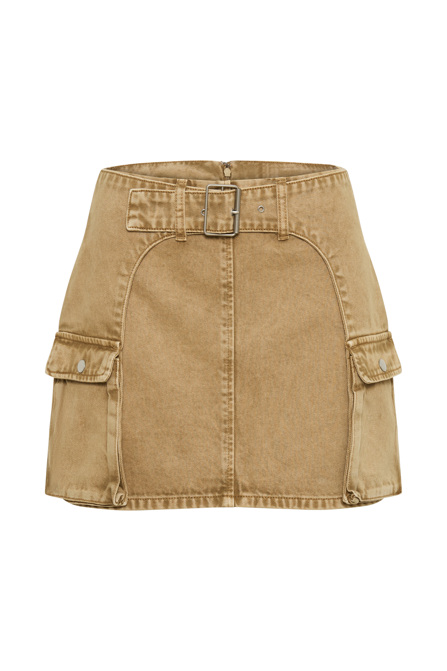 Rowena Denim Buckle Mini Skirt - Tan Acid Wash