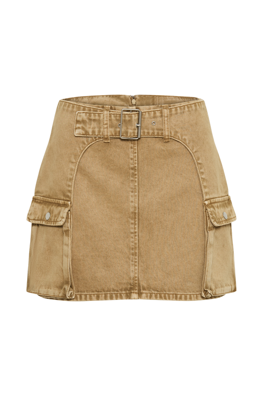 Rowena Denim Buckle Mini Skirt - Tan Acid Wash