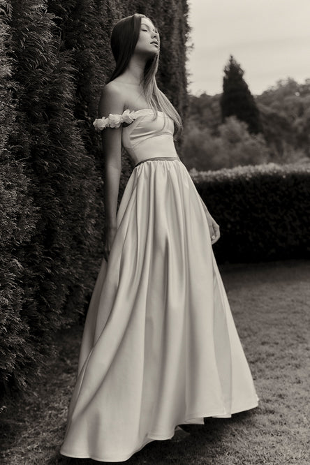 Image of woman two piece bridal gown.