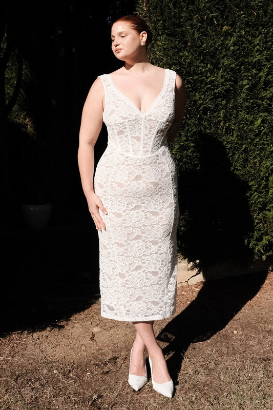 Doria Lace Plisse Midi Dress - Ivory