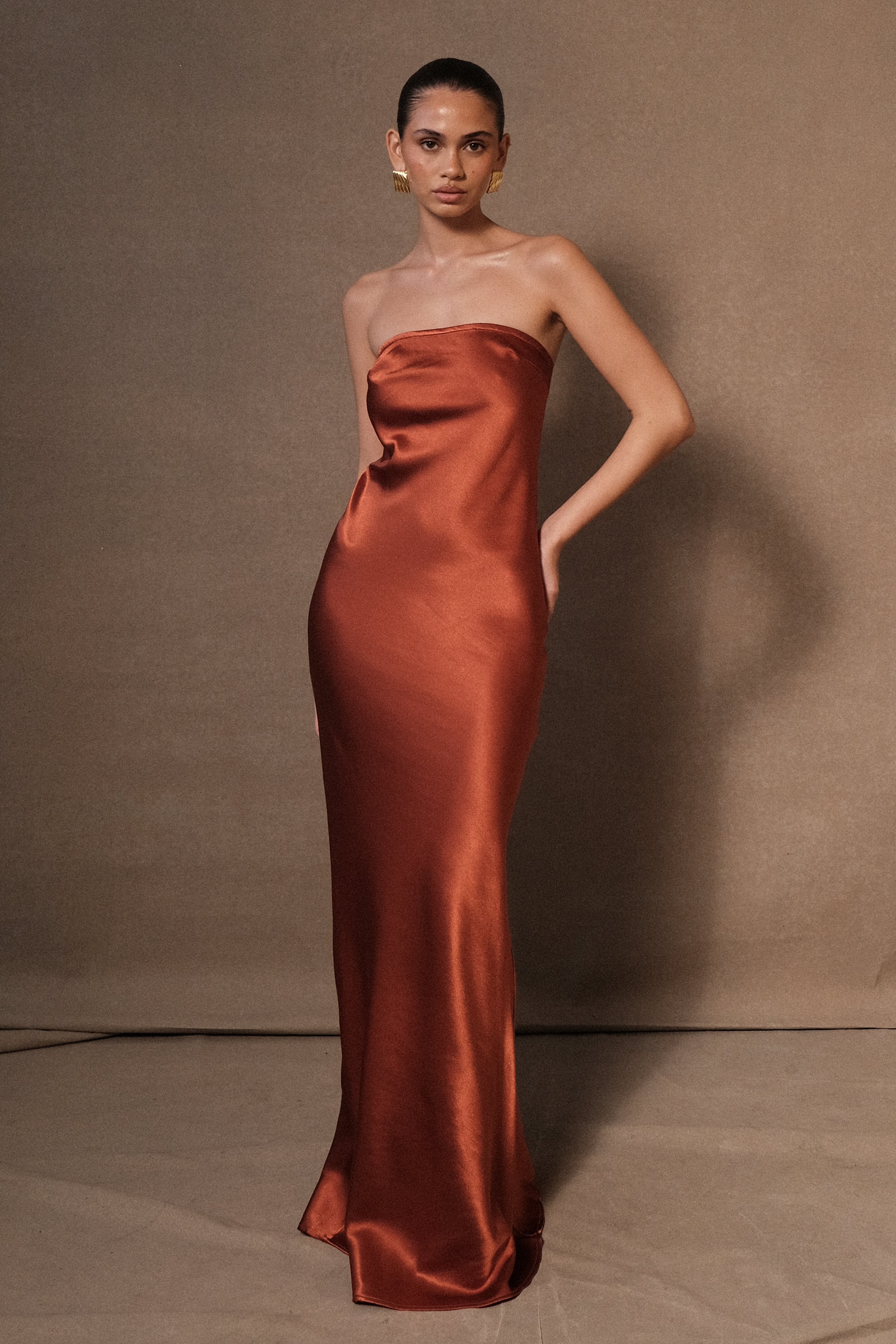 Claudette Strapless Satin Maxi Dress Burnt Orange MESHKI US