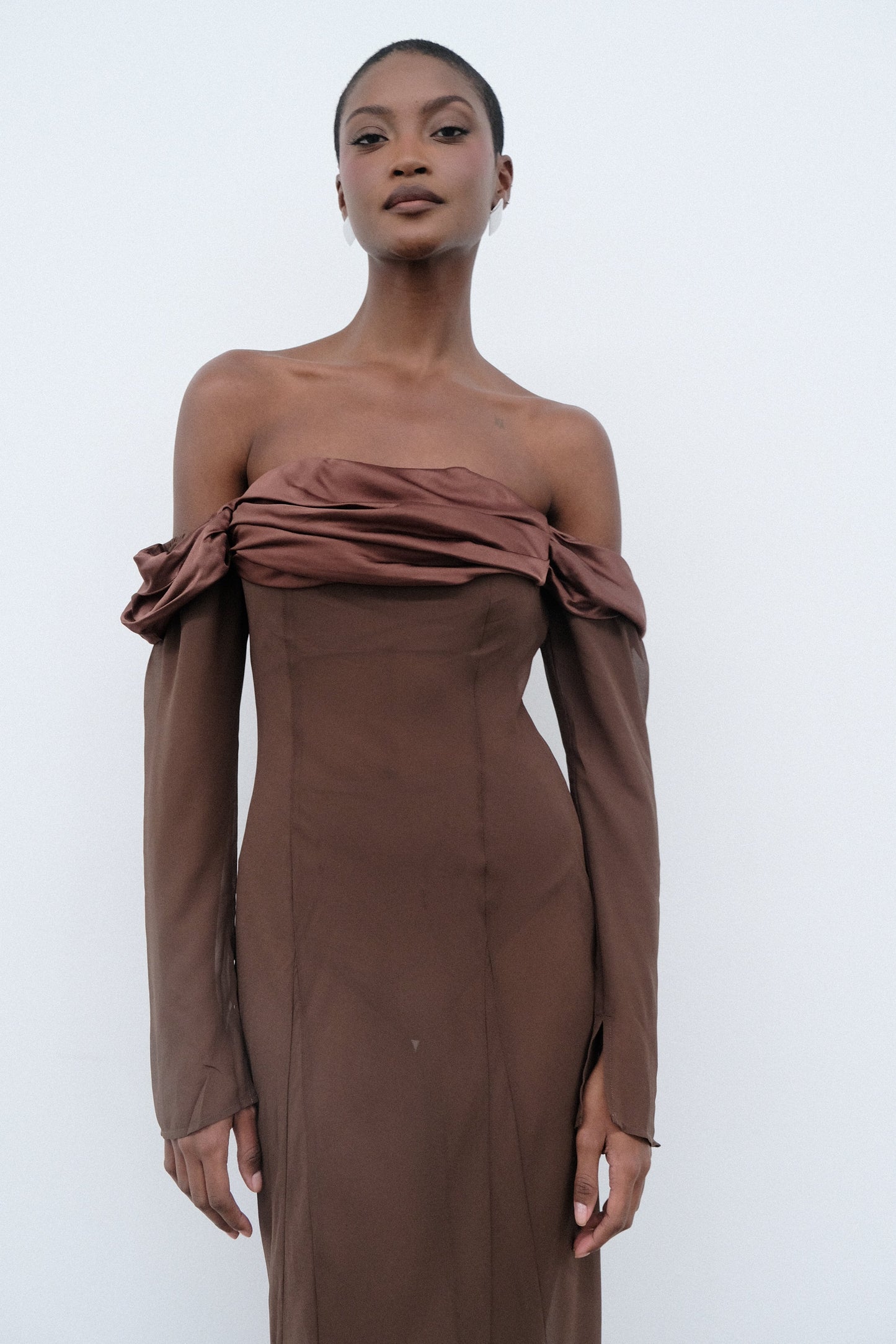 Ivanna Off Shoulder Chiffon Maxi Dress - Mocha