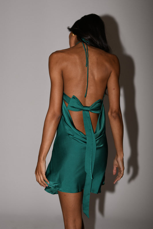 Atlas Satin Bow Mini Dress - Emerald