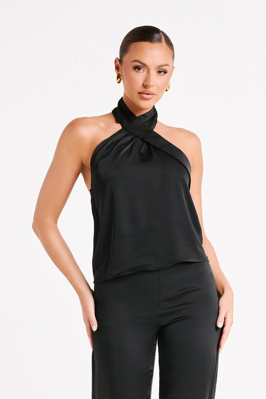 Elisa Satin Halter Top - Black