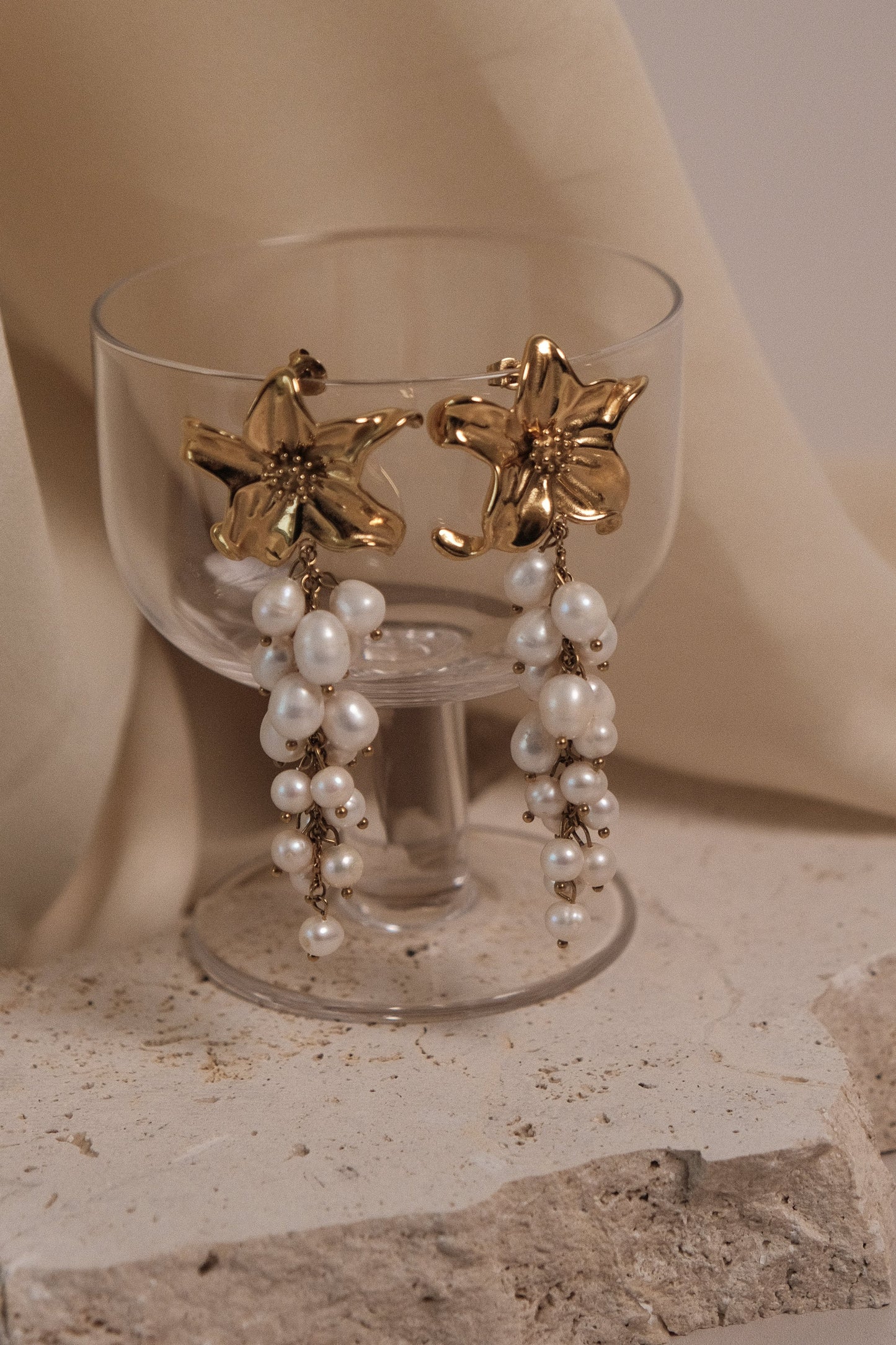 Eva Floral Fresh Water Pearl Earrings - Gold