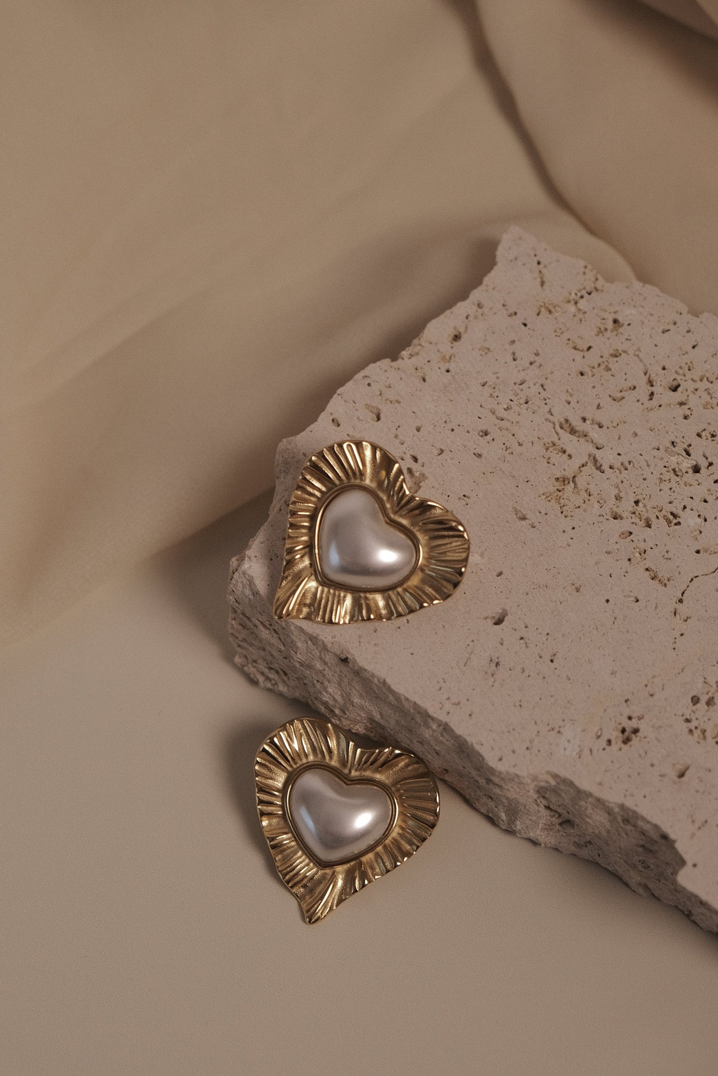 Heart To Heart Pearl Earrings - Gold