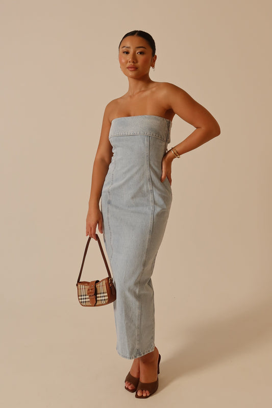 Katherine Strapless Denim Midi Dress - Light Blue