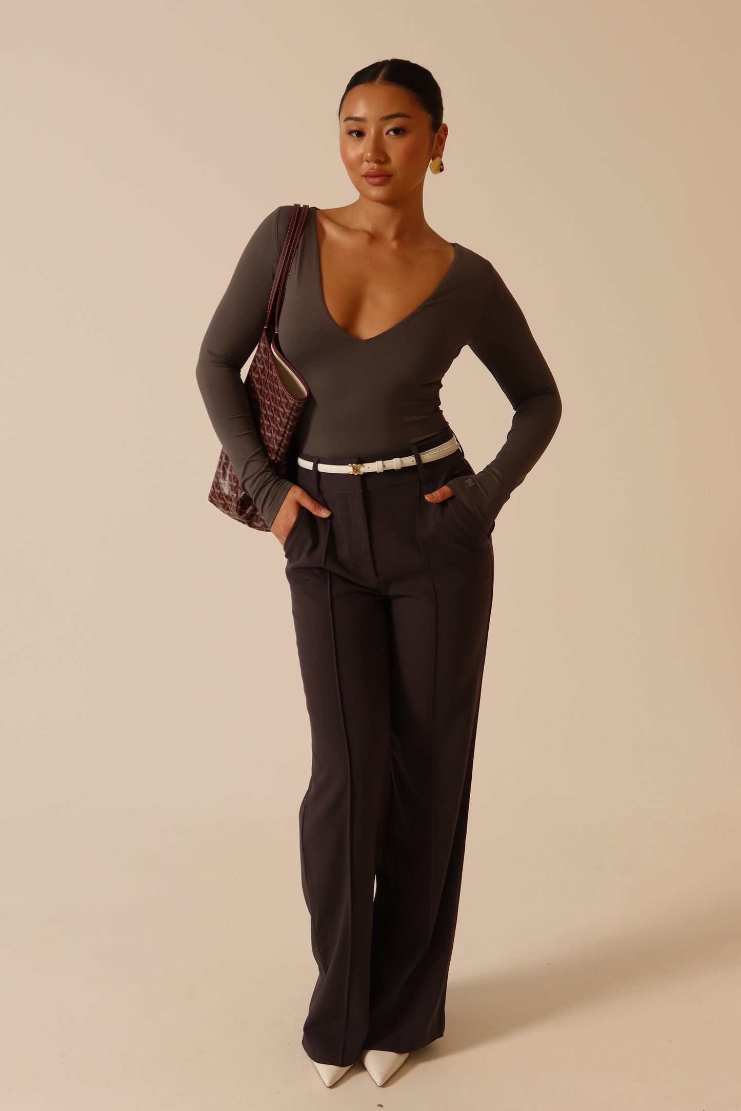 Nia Long Sleeve V Neck Bodysuit - Charcoal