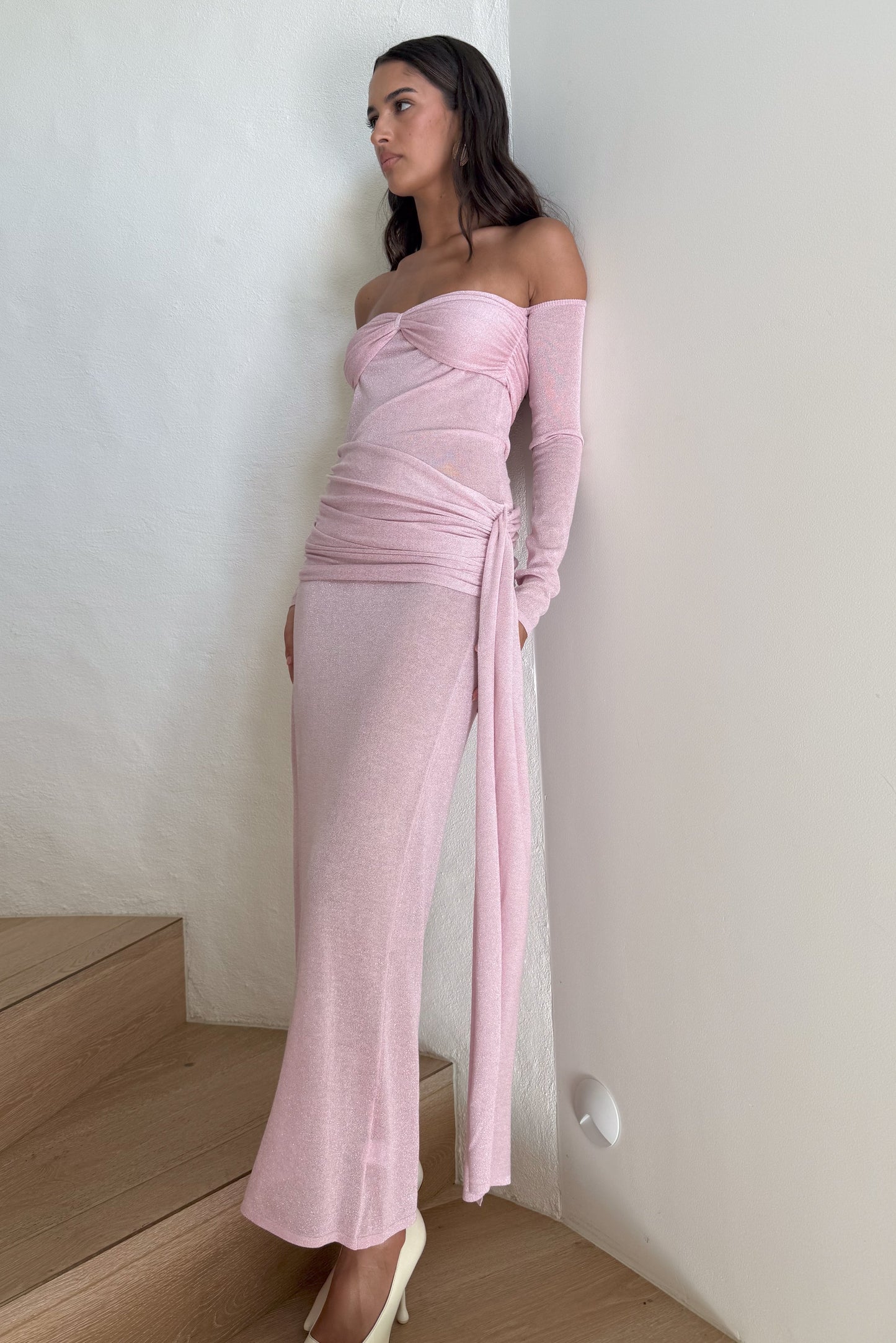 Ingrid Metallic Knit Maxi Dress - Baby Pink