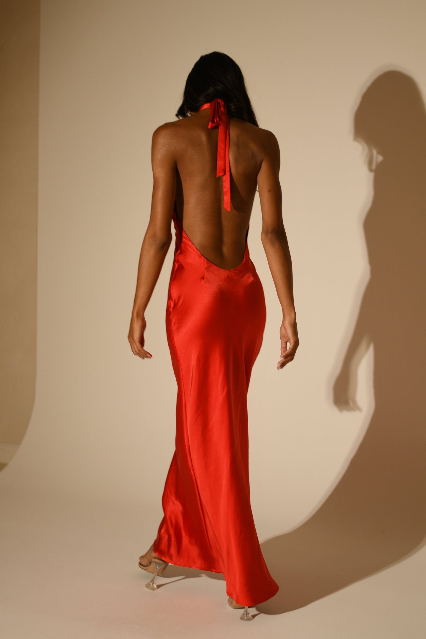 Marvelle Satin Halter Maxi Dress - Vermilion Red