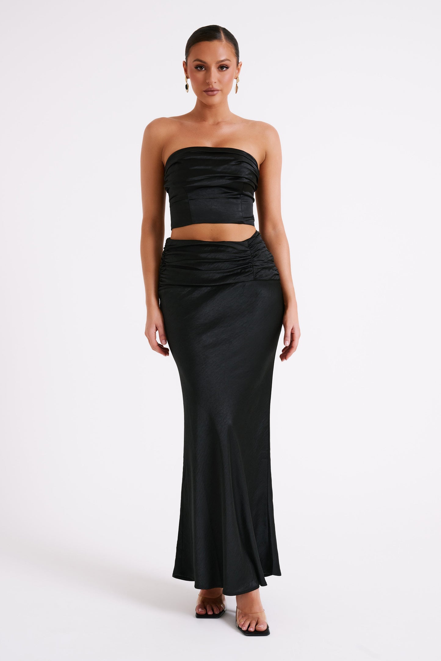 Khalani Ruched Satin Maxi Skirt - Black