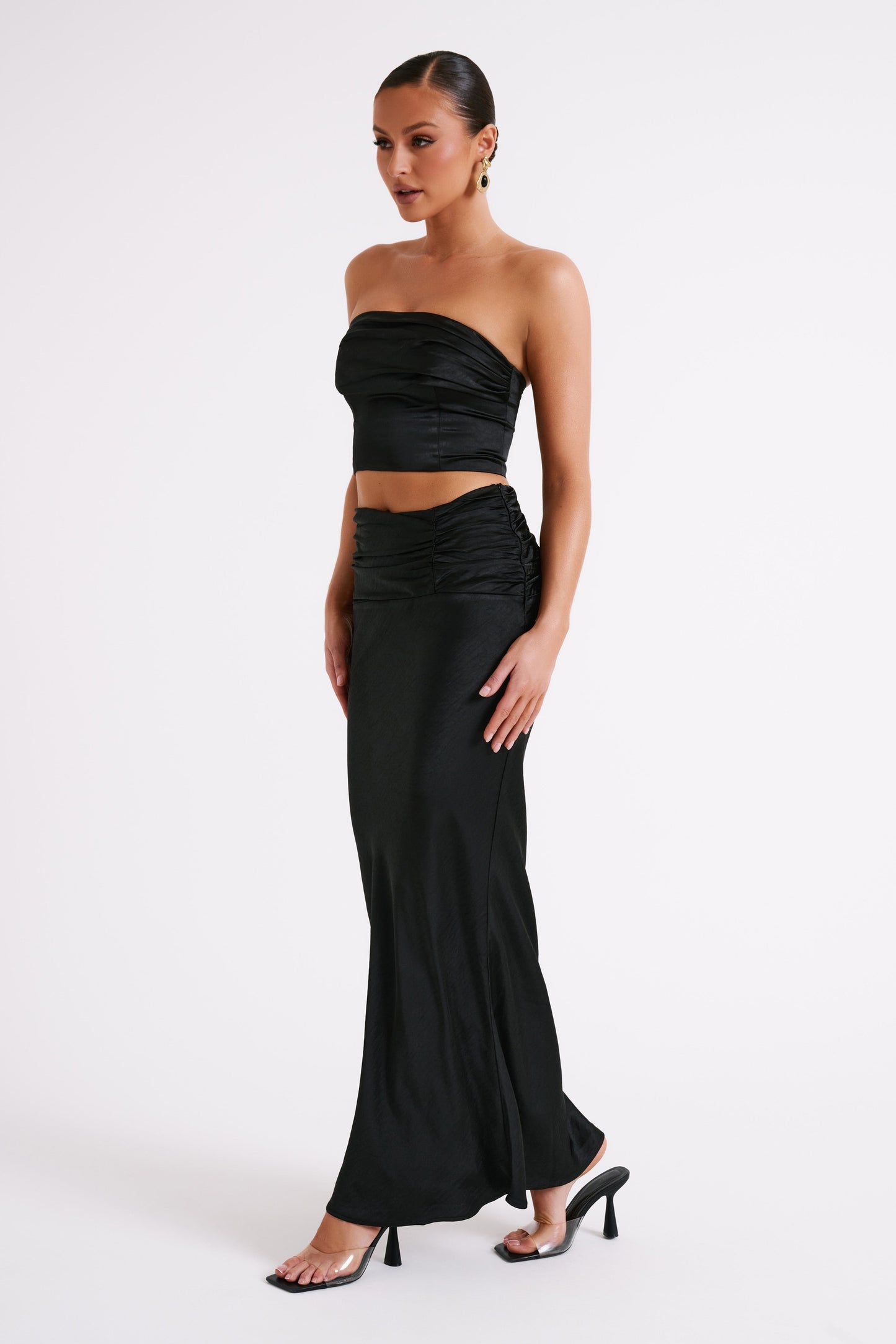 Khalani Ruched Strapless Satin Top - Black