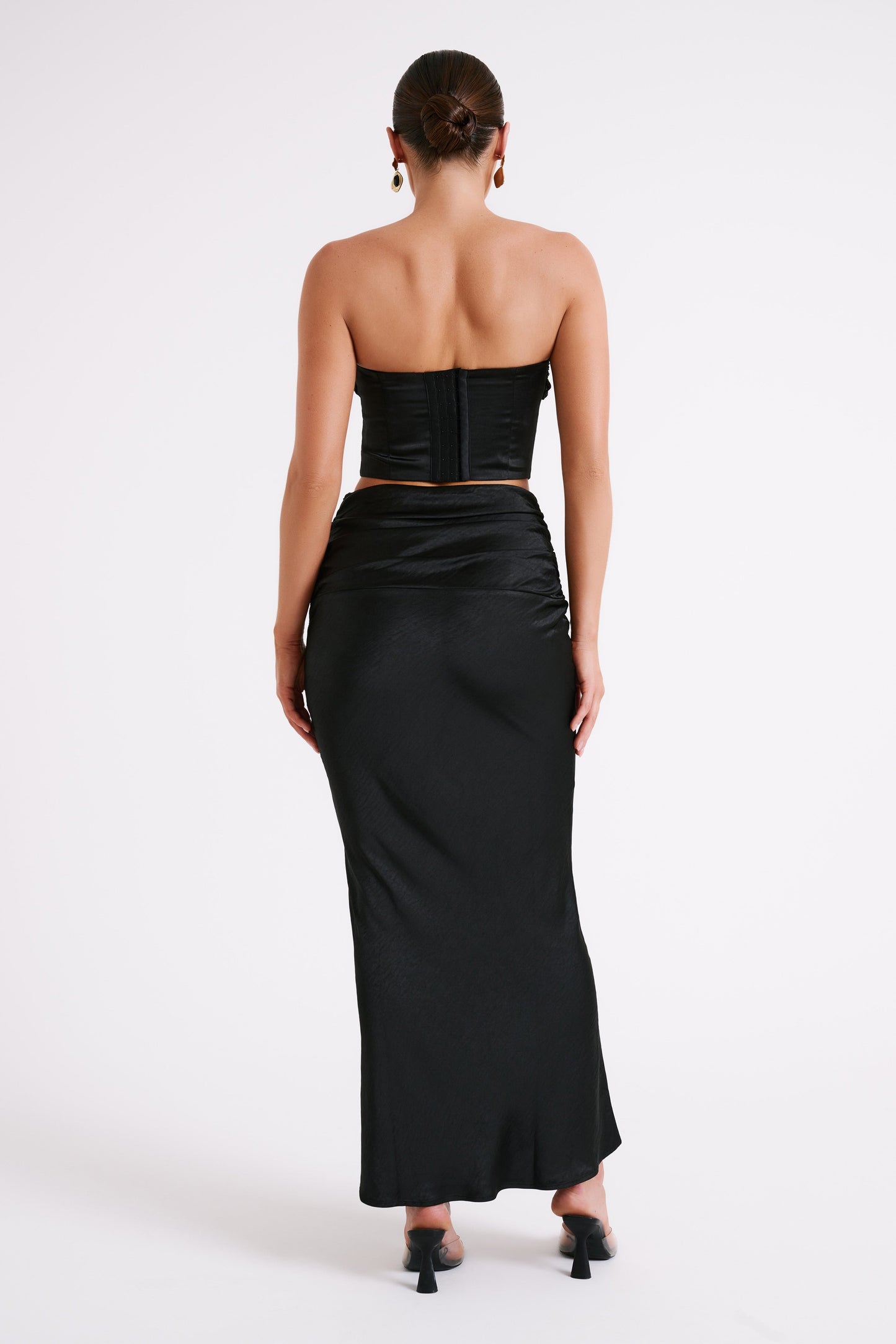 Khalani Ruched Strapless Satin Top - Black