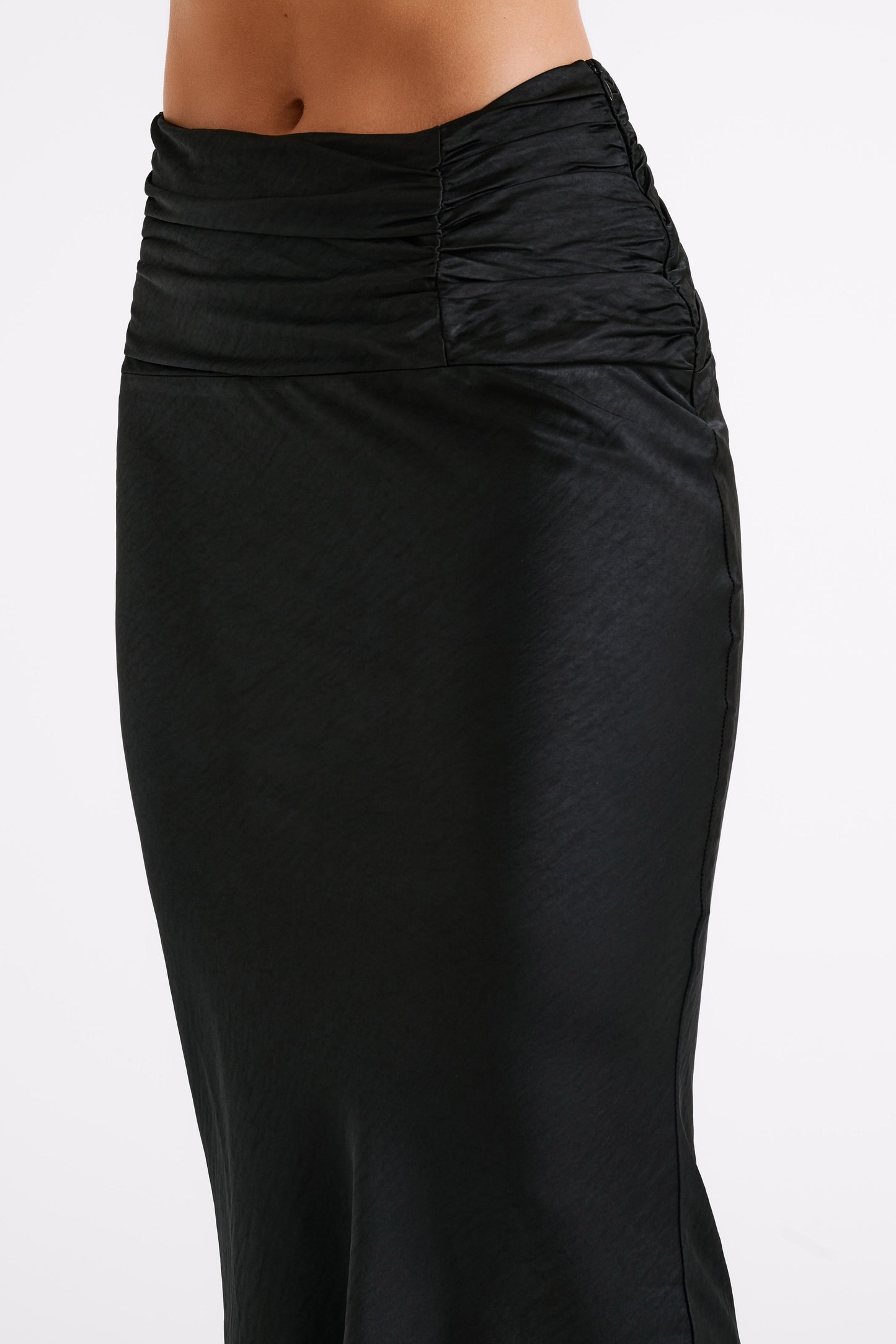 Khalani Ruched Satin Maxi Skirt - Black