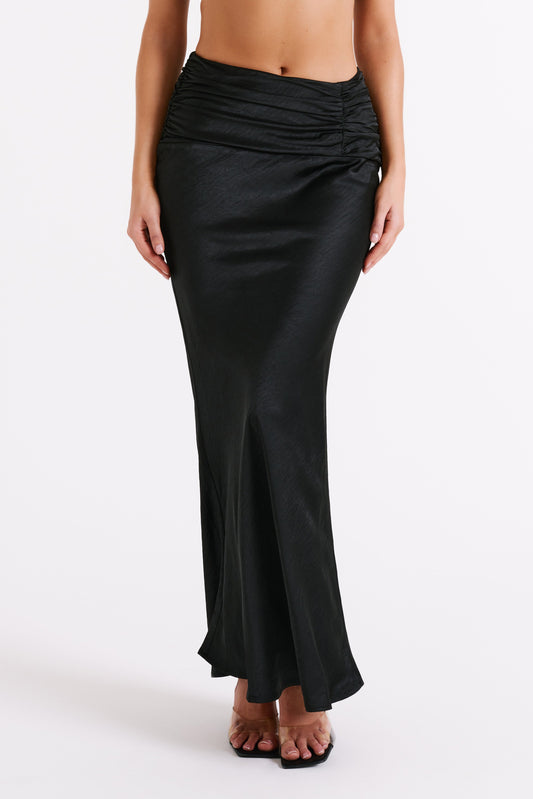 Khalani Ruched Satin Maxi Skirt - Black