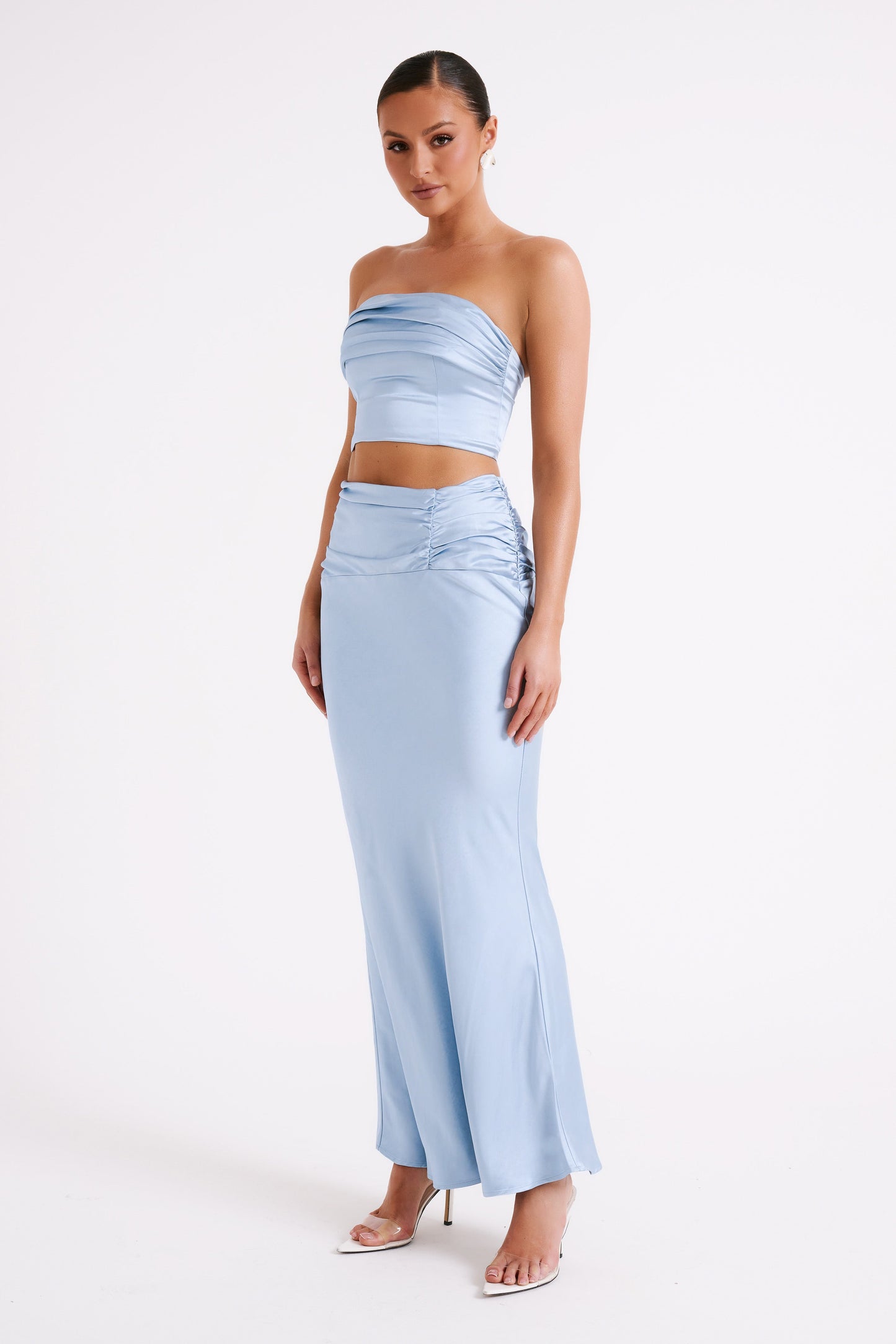 Khalani Ruched Satin Maxi Skirt - Ice Blue