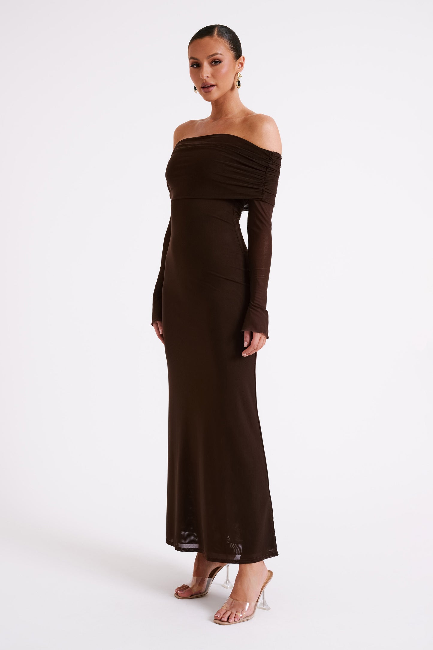 Josie Off Shoulder Mesh Maxi Dress - Dark Brown