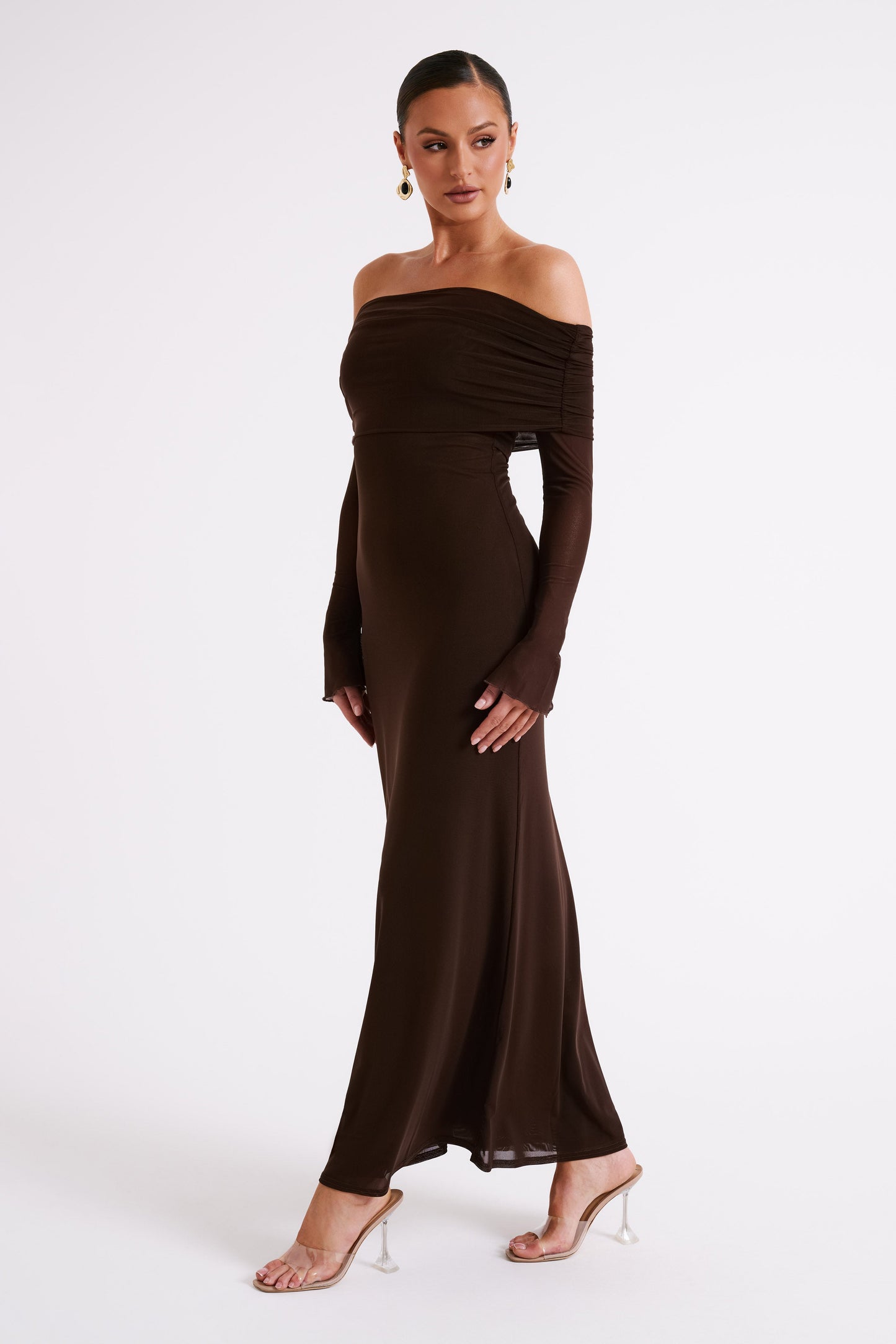 Josie Off Shoulder Mesh Maxi Dress - Dark Brown