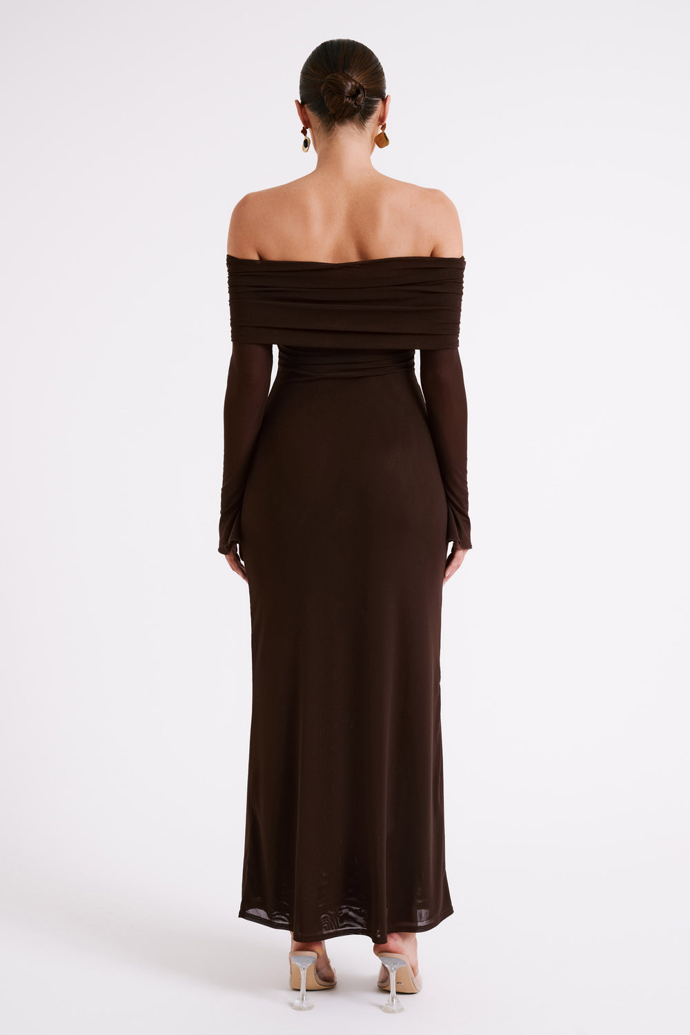 Josie Off Shoulder Mesh Maxi Dress - Dark Brown