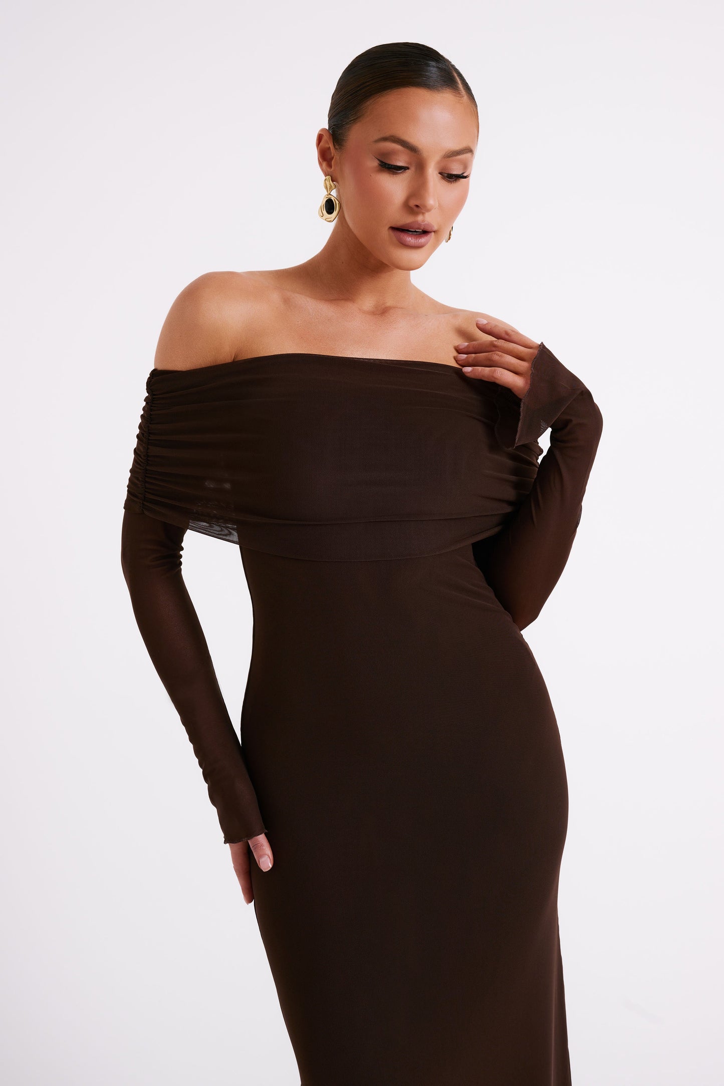 Josie Off Shoulder Mesh Maxi Dress - Dark Brown