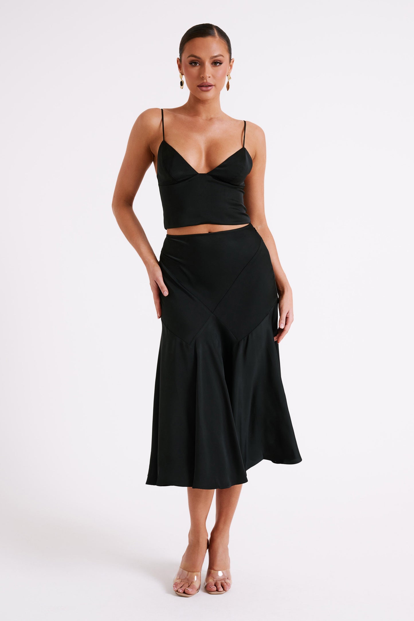 Tia Long Line Satin Top - Black