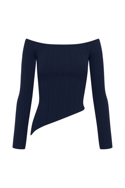 Chiara Off Shoulder Rib Knit Top - Navy