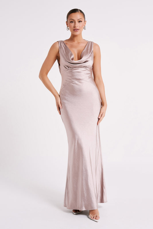 Angelique Satin Cowl Back Maxi Dress - Taupe