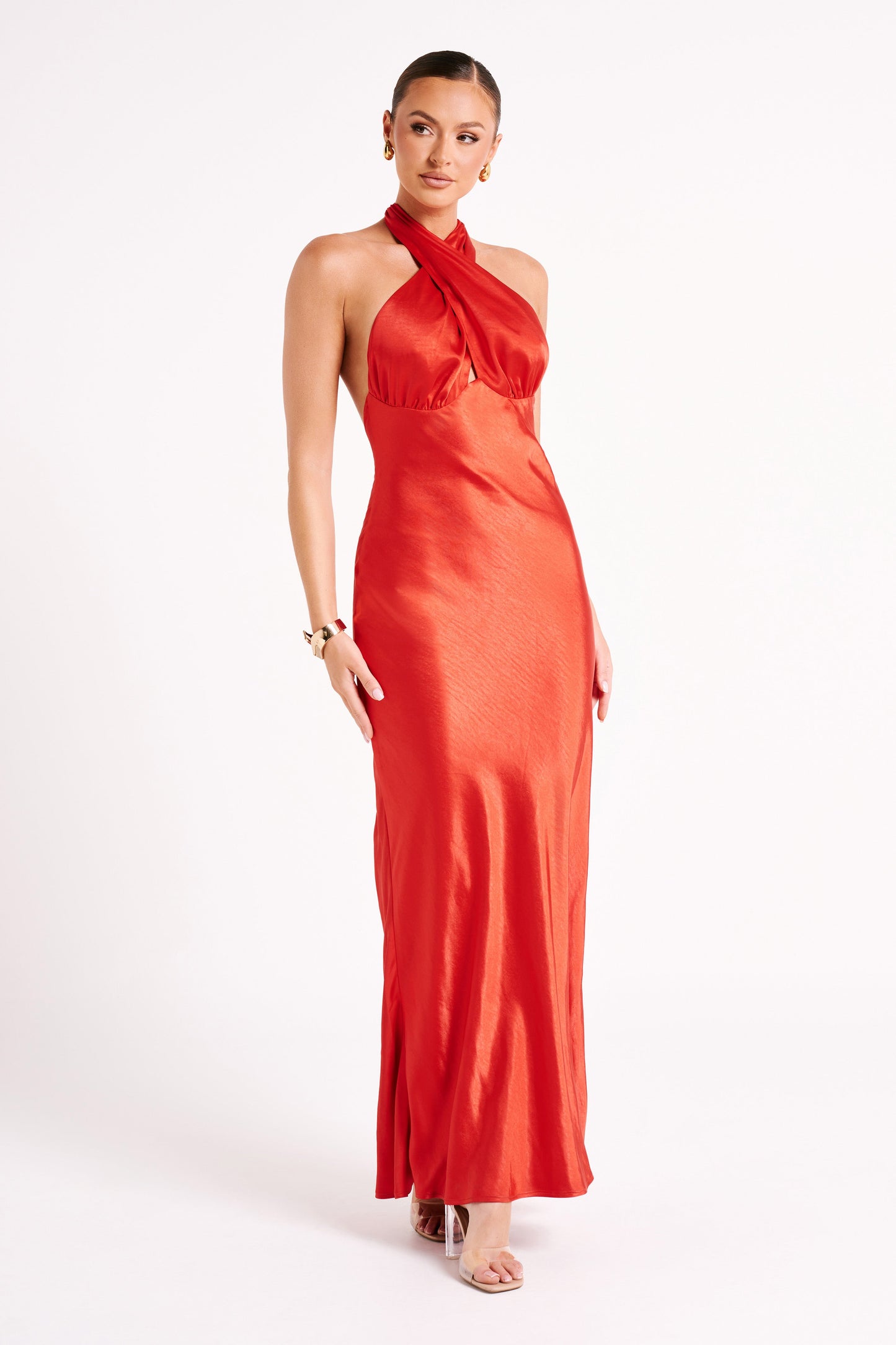 Marvelle Satin Halter Maxi Dress - Vermilion Red